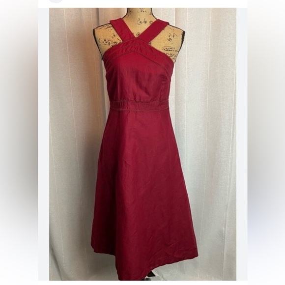 Ann Taylor Red Scarlet Halter Midi Dress Pockets Crochet Detail Size 10 - Picture 2 of 8
